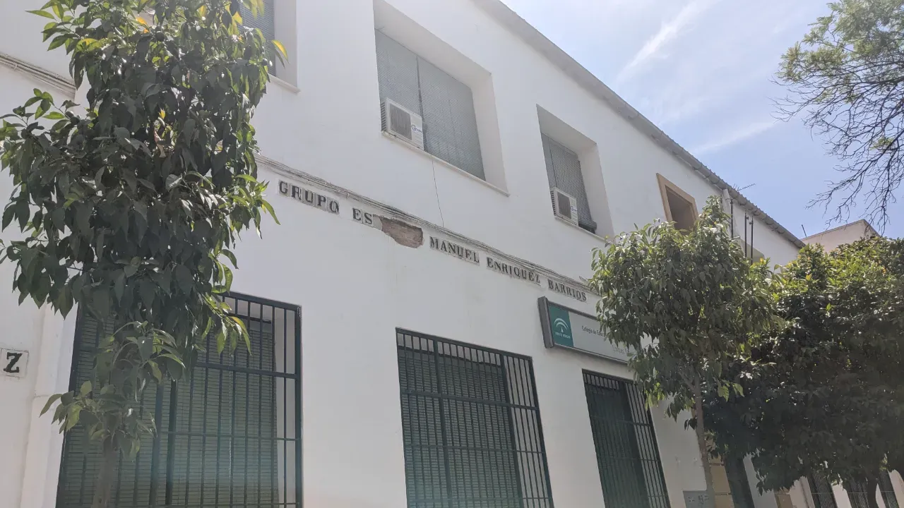 Desprendimientos fachada CEIP Enríquez Barrios Fachada principal del CEIP Enríquez Barrios en Ciudad Jardín, Córdoba, mostrando un desprendimiento de revestimiento. Se observa el deterioro del material que expone la capa interior, con la inscripción del colegio visible y árboles en primer plano.