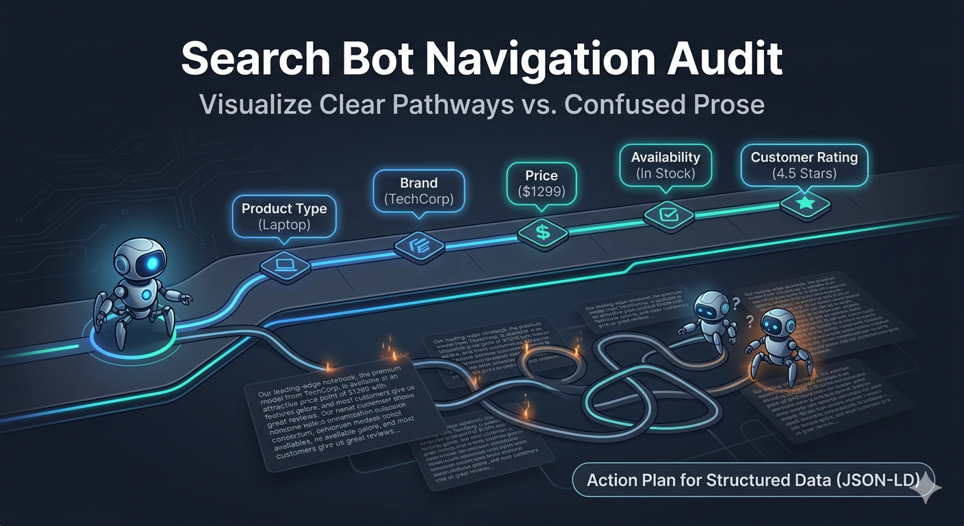 illustration of a search bot navigating a website with two paths — one shows a clear labeled map with entity types marked at each stop, the other shows a confused winding path through unstructured prose