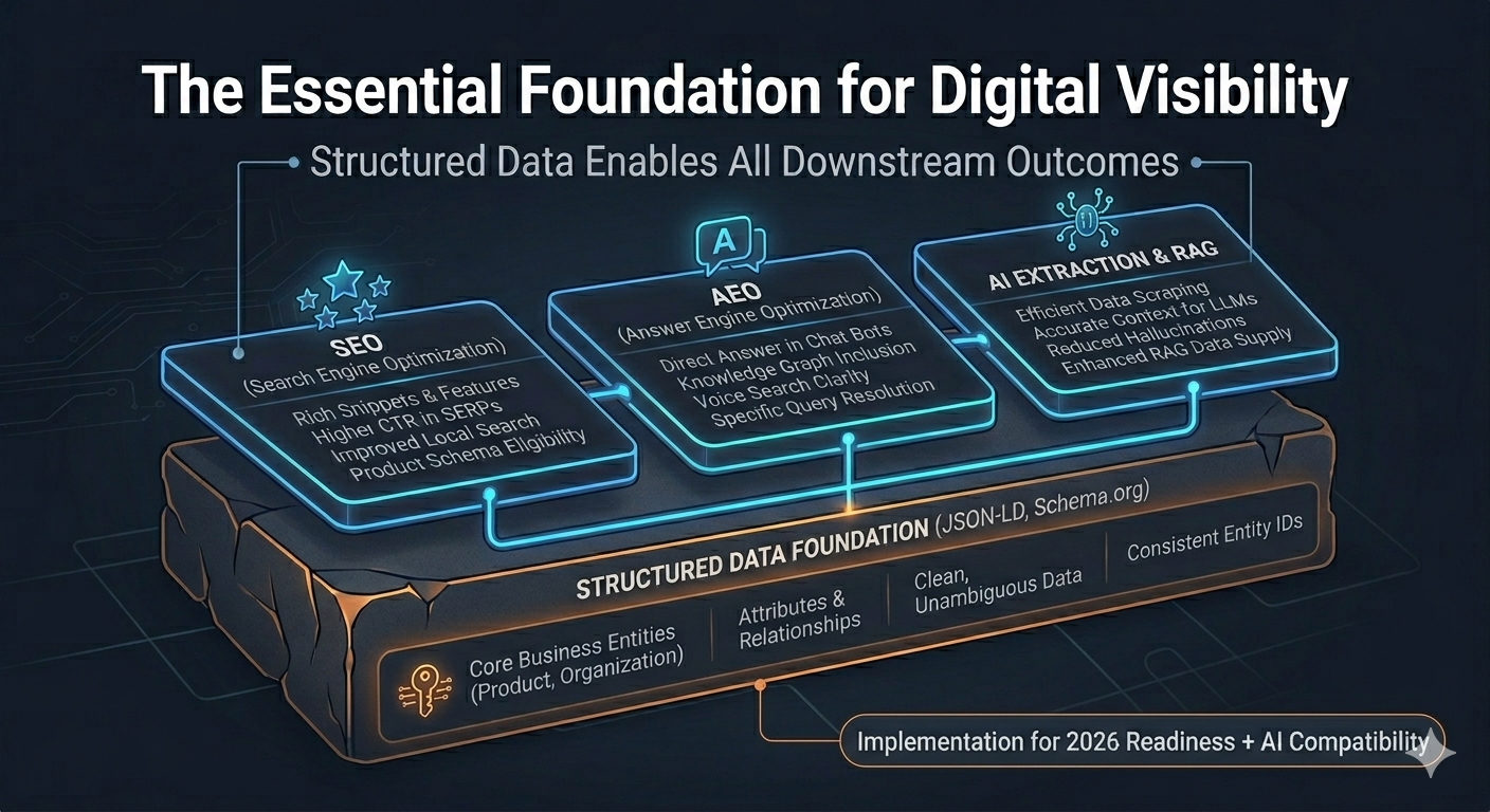 layered diagram showing schema as the foundation layer with SEO, AEO, and AI extraction stacked above it as outcomes that depend on the structured data layer underneath