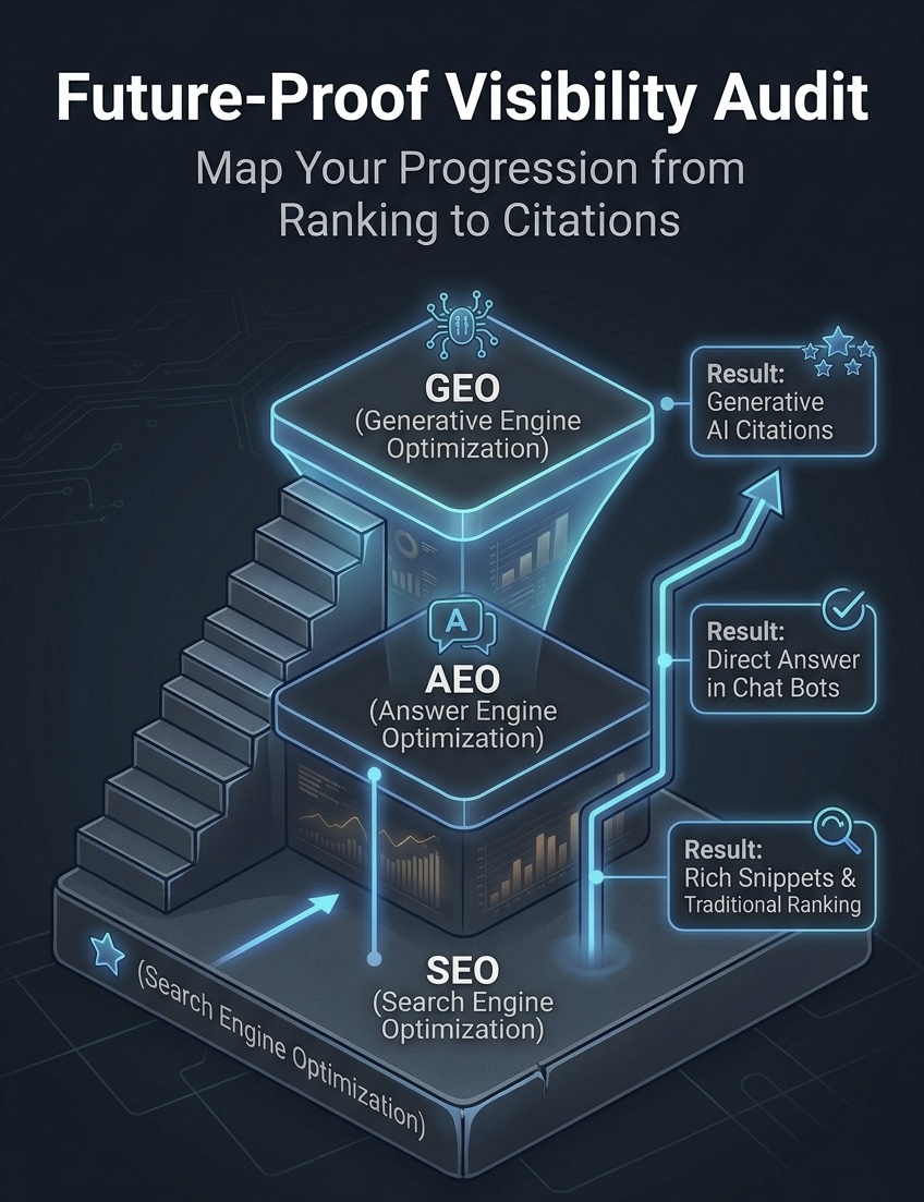 SEO AEO GEO staircase diagram showing ranking at the base, direct answers in the middle, and AI citations at the top with upward arrows between each level