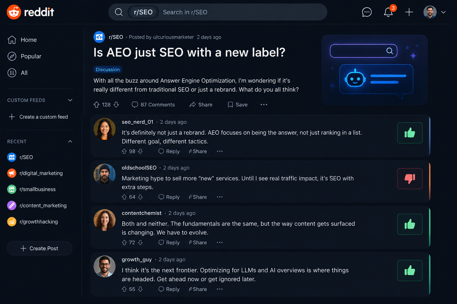 a stylised Reddit thread mockup with a top-level question reading "Is AEO just SEO with a new label?" and several reply bubbles below it, some marked with thumbs up and some with thumbs down, suggesting a divided community opinion