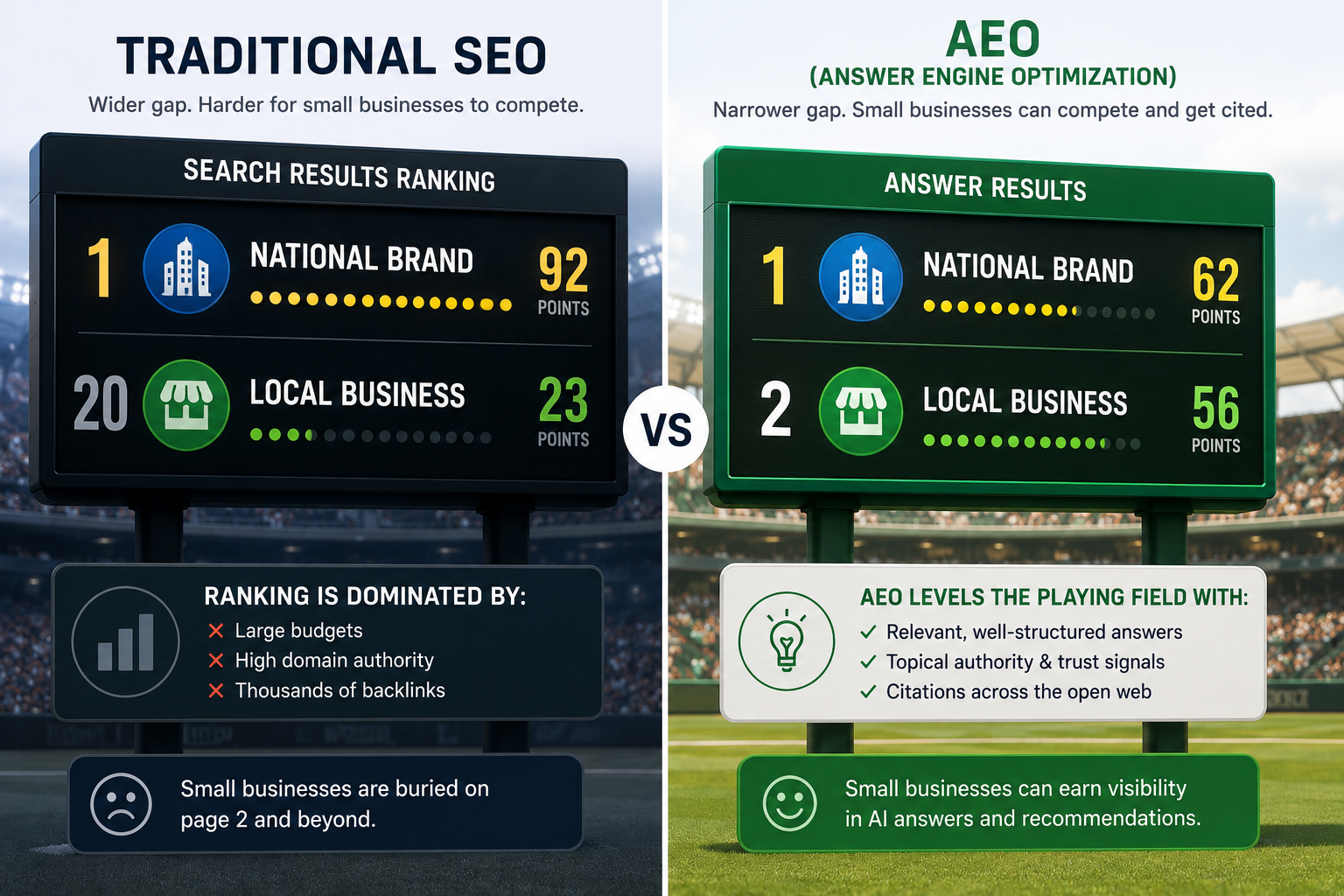 a side-by-side comparison illustration of two scoreboards, the left labelled "Traditional SEO" with a national brand far ahead of a small local business, and the right labelled "AEO" with the same two competitors much closer together, suggesting a narrower gap
