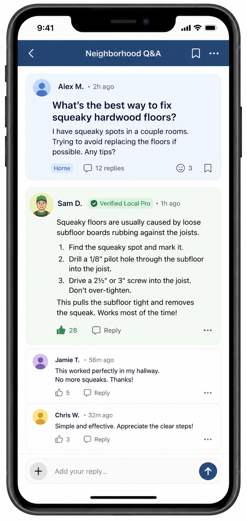 a flat illustration of a smartphone screen showing a community Q&A thread with a question bubble at the top and a helpful reply bubble below, the reply marked with a small "verified local pro" badge and a thumbs-up icon, with no platform branding visible