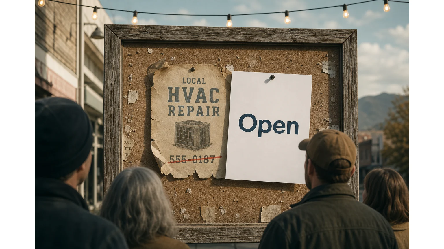 A weathered bulletin board showing a faded HVAC repair notice with its phone number crossed out, covered by a brighter competitor notice reading Open