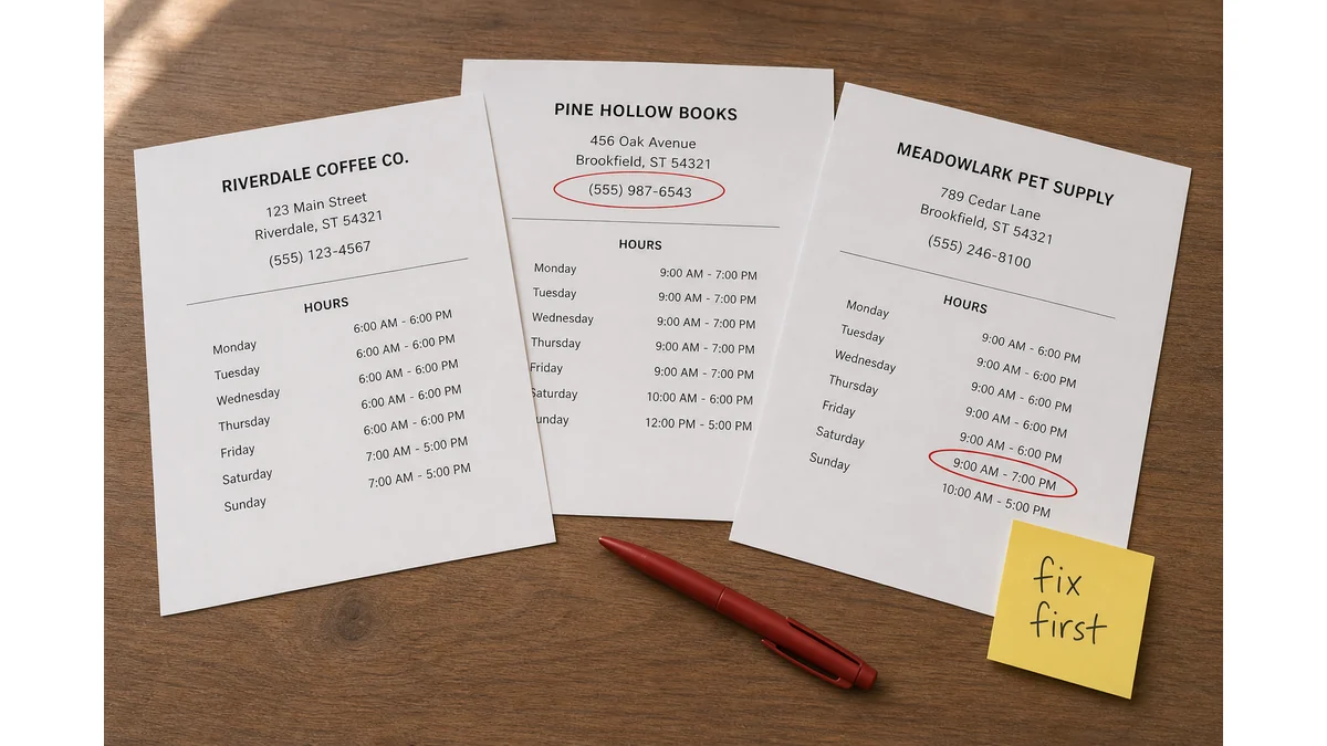 Close-up flat-lay of three printed business directory listing sheets with mismatched phone numbers and hours circled in red pen, next to a handwritten sticky note reading fix first