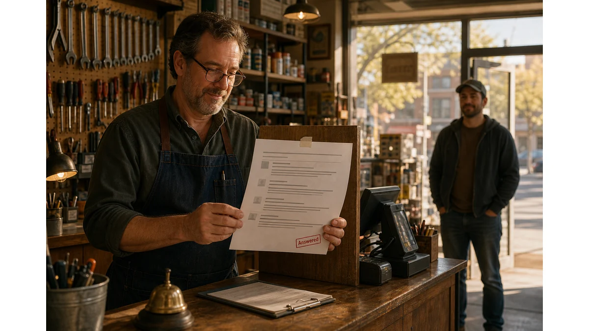 A small shop owner behind the counter reading a printed forum thread taped near the register, stamped Answered, while a customer waits near the entrance