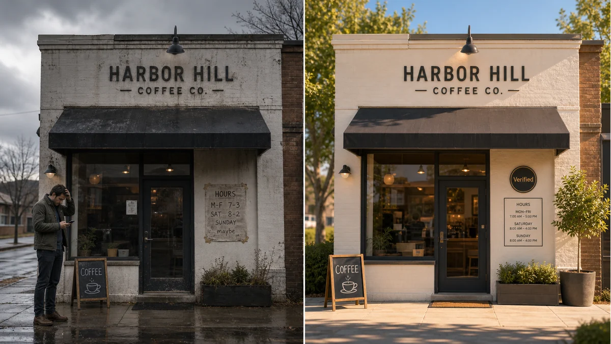 Split-scene illustration of two branches of the same coffee shop chain, left dim with a mismatched faded hours sign and a confused customer, right bright with a matching sign and a small Verified placard by the door