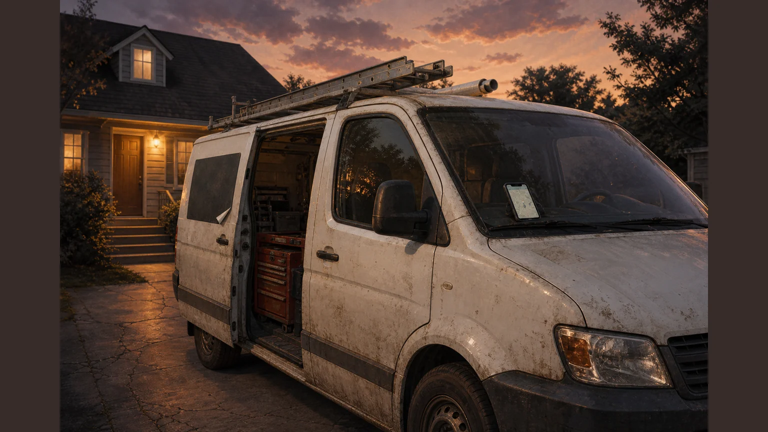 An electrician's van parked outside a house at dusk with a peeling magnetic door sign and a phone on the dashboard showing an unmarked map
