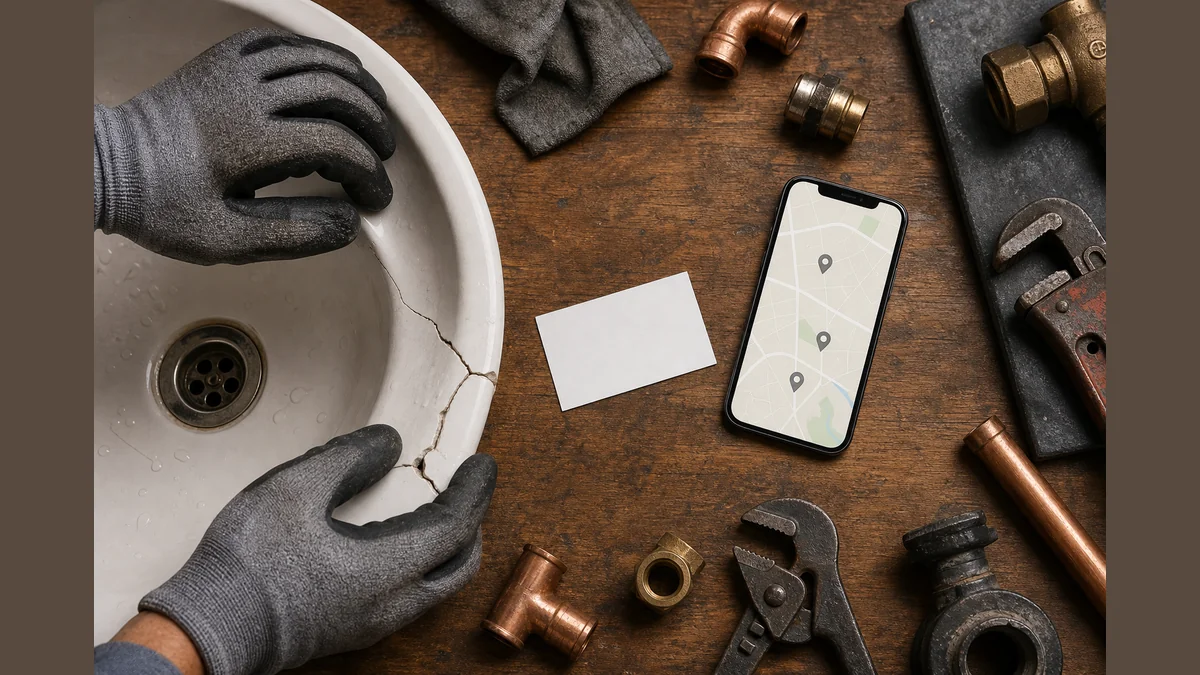 A plumber's gloved hands repairing a cracked porcelain sink beside a face-down business card and a phone showing an unlabeled map with three pins