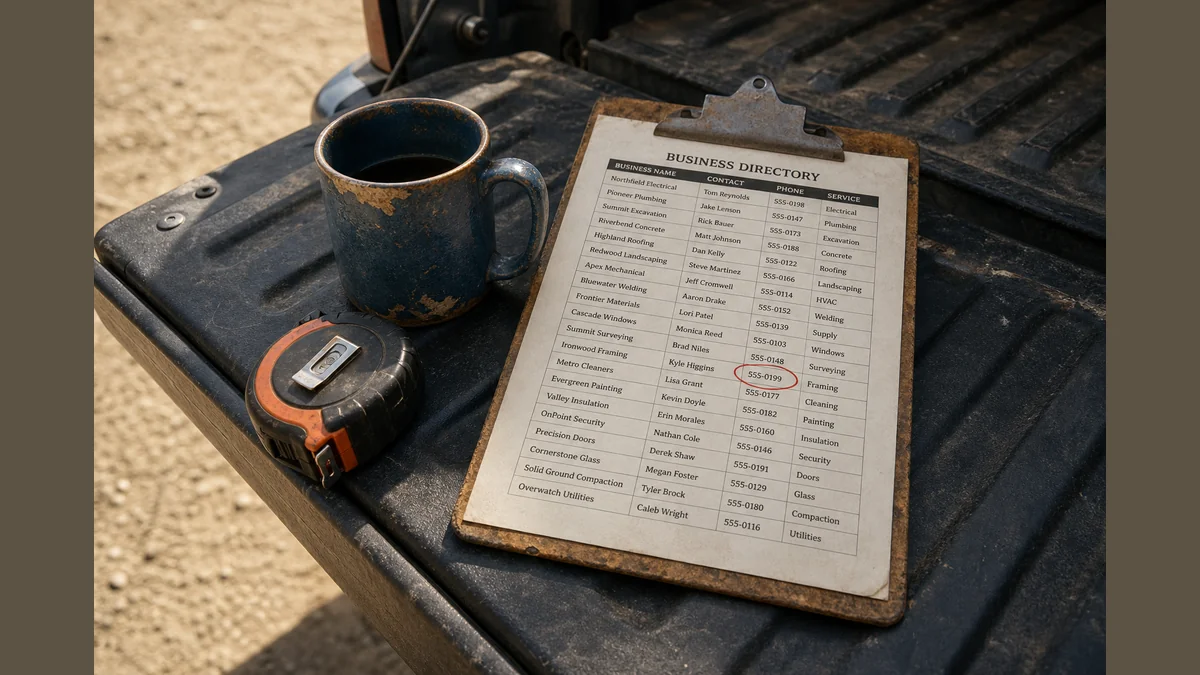 A red-penned printout of a business directory listing with a mismatched phone number circled, resting on a clipboard beside a chipped coffee mug on a truck tailgate