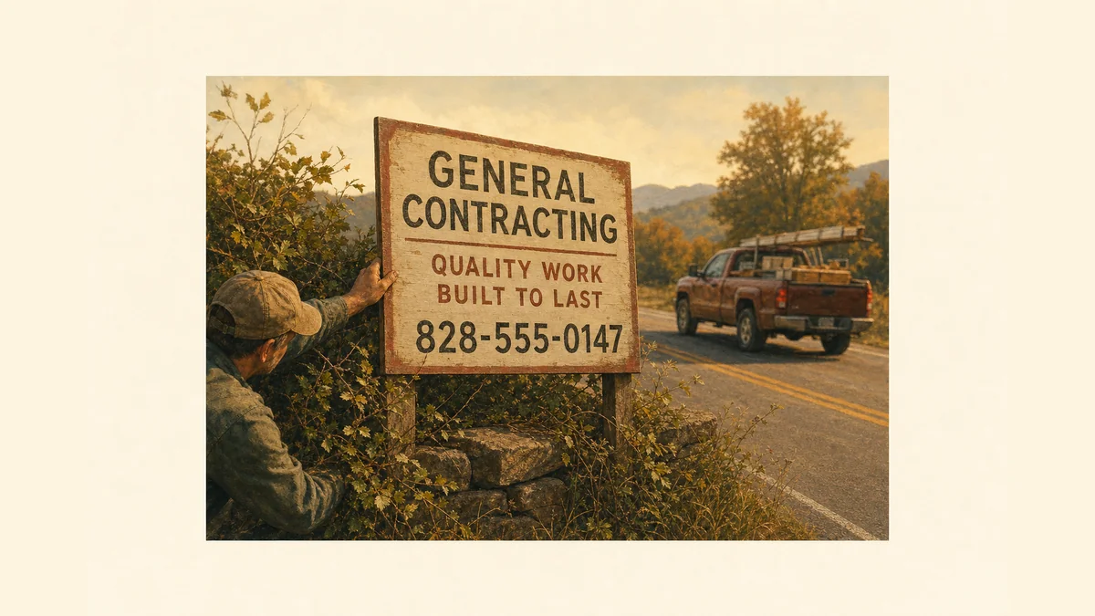 A hand straightening a weathered roadside contracting sign so its phone number becomes fully readable, with a loaded pickup truck passing on the road behind