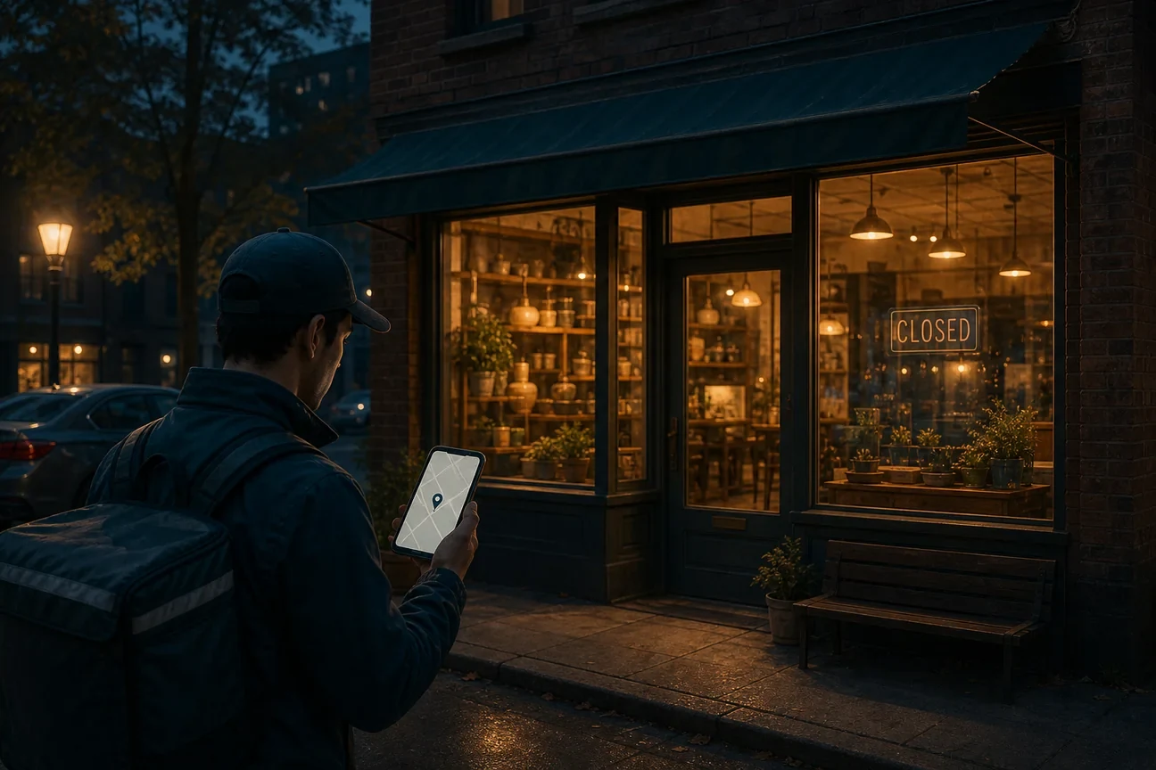 A delivery driver at dusk checking a phone with a blank map pin outside a warmly lit shop whose window reflects a closed sign