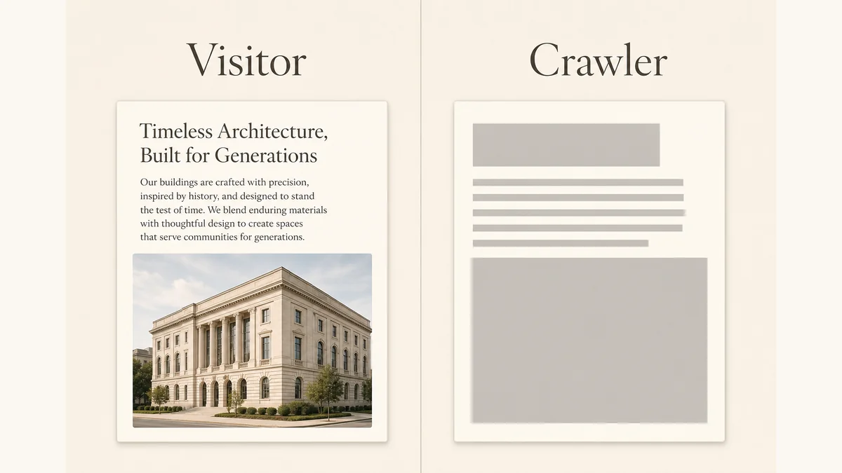 Split-screen comparison labeled Visitor and Crawler, one side showing a complete webpage and the other showing the same layout with all content missing