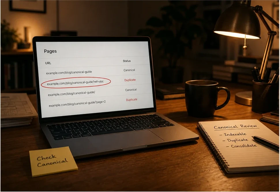 A laptop on a home desk showing a page report with one duplicate URL row circled in red marker, next to a handwritten canonical review checklist
