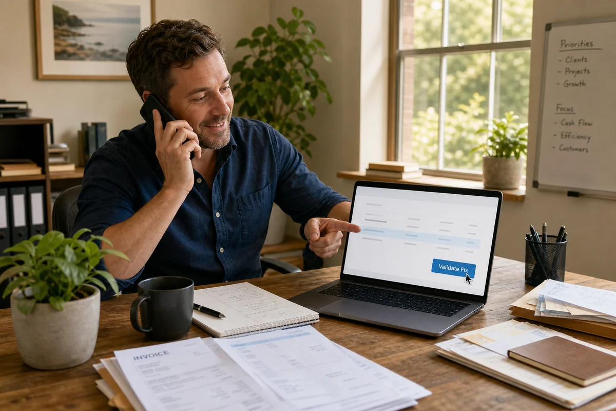A small business owner on the phone at a cluttered office desk pointing at a laptop screen showing a highlighted report row and a Validate Fix button