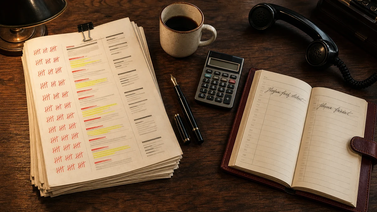 Top-down desk photo of a printed AI mentions report circled in red pen next to an open appointment ledger with only a few new client entries