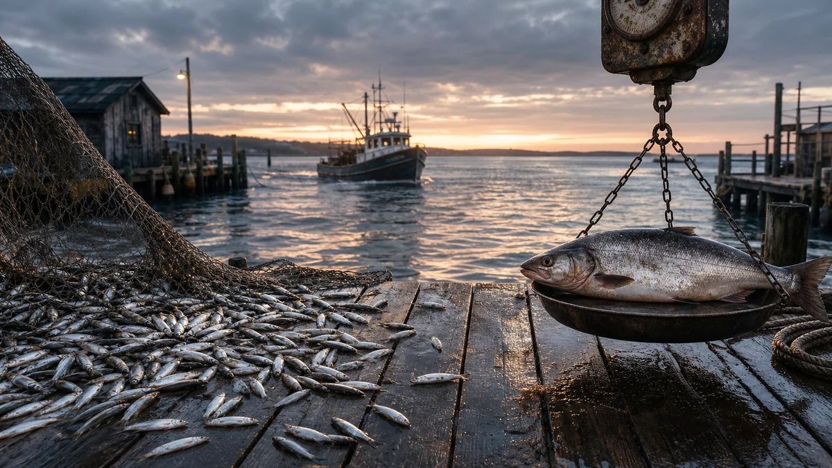 Dockside metaphor scene, an overflowing net of small minnows on the left and a single fish being weighed on a scale on the right