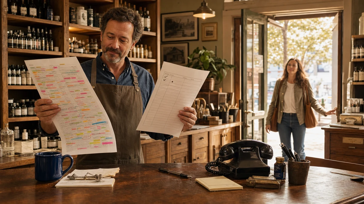 Small business owner at a shop counter comparing a heavily highlighted AI mentions report against a nearly blank calls-booked report