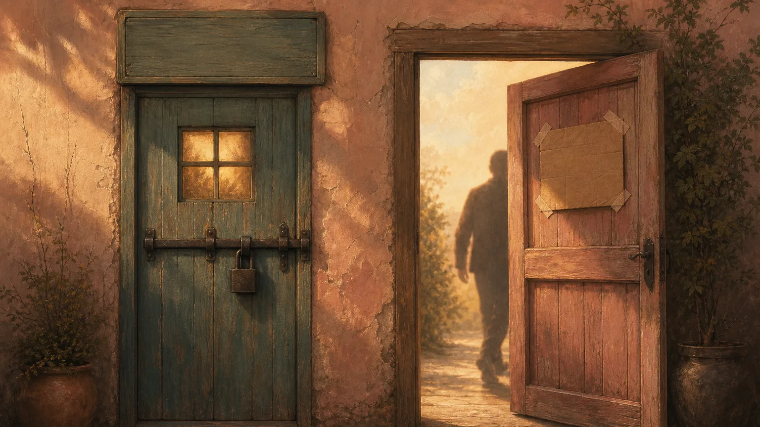 Two weathered shop doors at dusk, one locked with light glowing inside, the other open with a hand-taped sign and a figure walking toward daylight