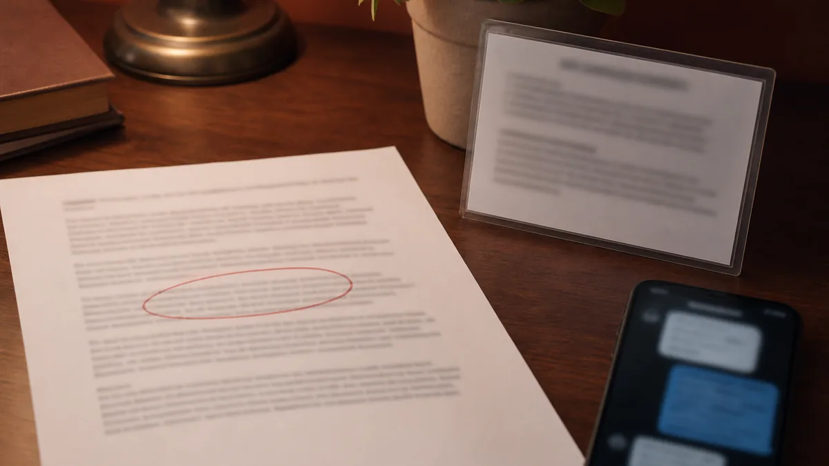 Top-down desk photo of a printed AI chatbot answer with one line circled in red pen next to a blurred laminated store-hours placard and an out-of-focus phone chat bubble