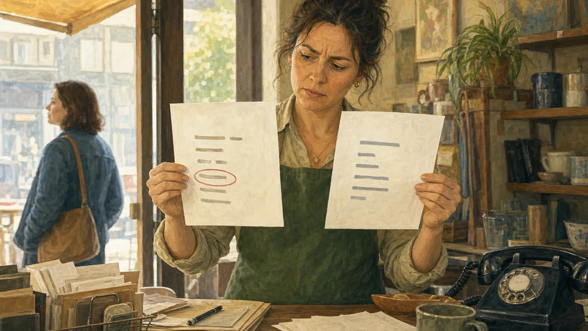 Small business owner at a shop counter holding two printed pages side by side with a puzzled expression, one page marked with a red circle around a mismatched line
