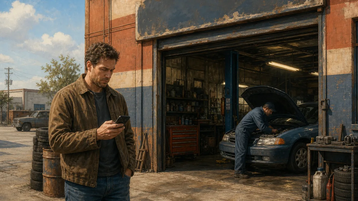 A customer standing outside a garage checking a phone while a mechanic works visibly inside the open bay, illustrating the gap between what a customer expects and what is actually happening