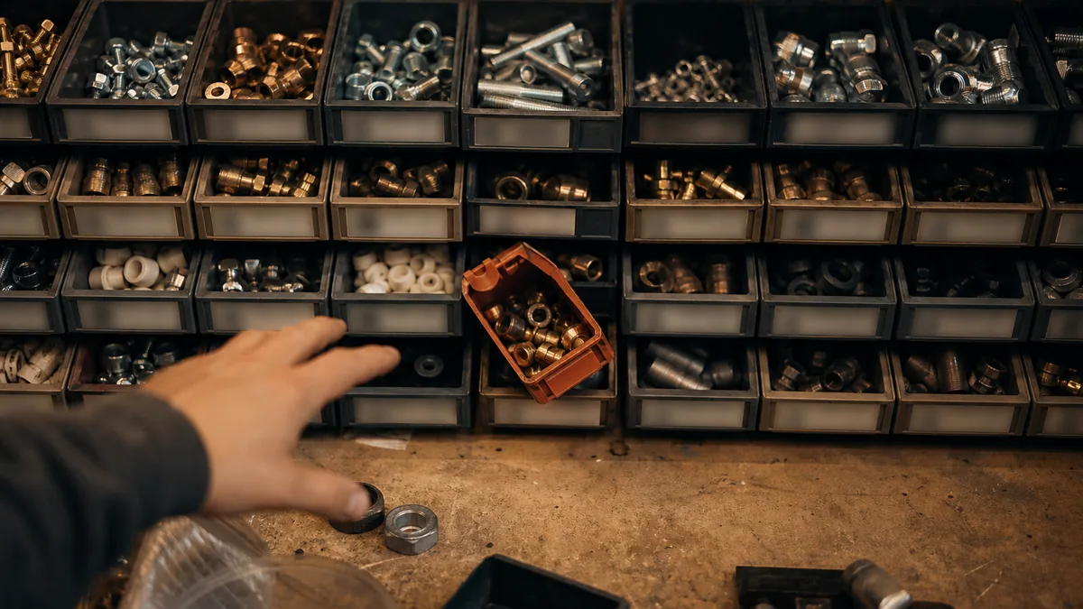 A hardware store pegboard with dozens of neatly labeled parts bins, but one bin mislabeled so a commonly requested part sits in the wrong drawer while a customer searches nearby bins