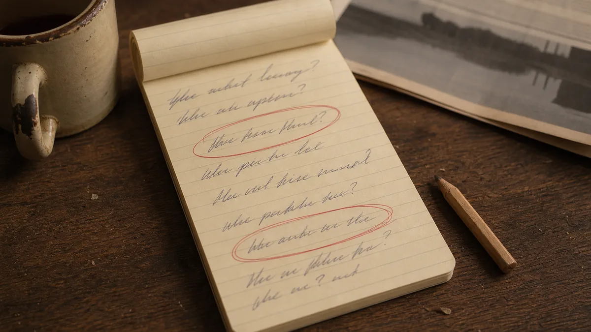 A small notepad on a workbench with several customer-style questions handwritten in different phrasing, two circled in red as ones where a competitor's name appears in the test results