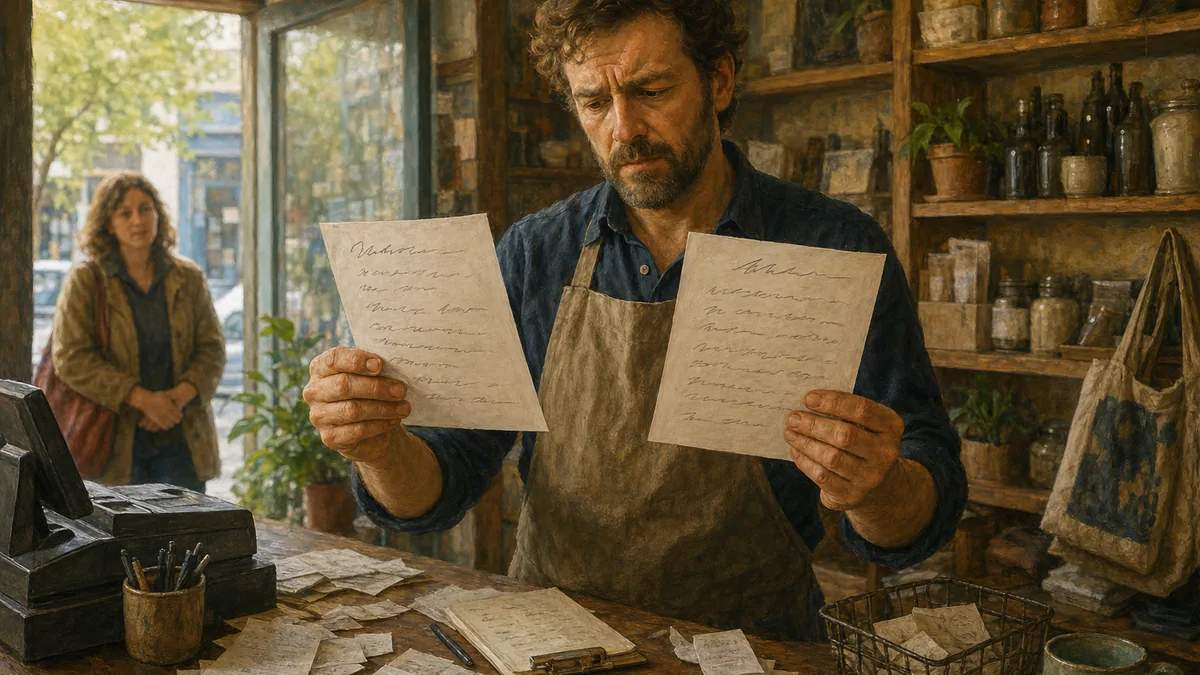 A shop owner comparing two printed pages of AI-generated answers side by side at a counter, one page listing their business and one listing a competitor for a slightly reworded version of the same question