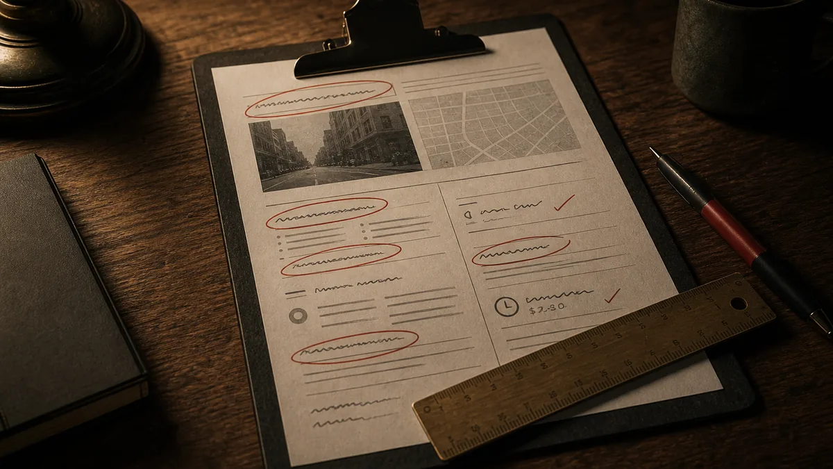 A close editorial still-life of a printed location-page worksheet on a clipboard, vague filler phrases circled in red pen and specific facts like a price range and a response time marked with small pen ticks, a ruler resting across the page