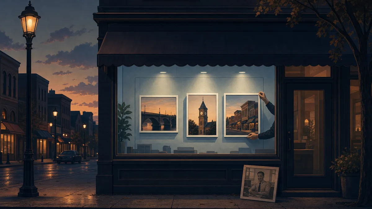 A shop owner's hand pinning up three framed landmark photographs in a storefront window at dusk, replacing a generic stock photo of a smiling office worker set aside on the sidewalk below