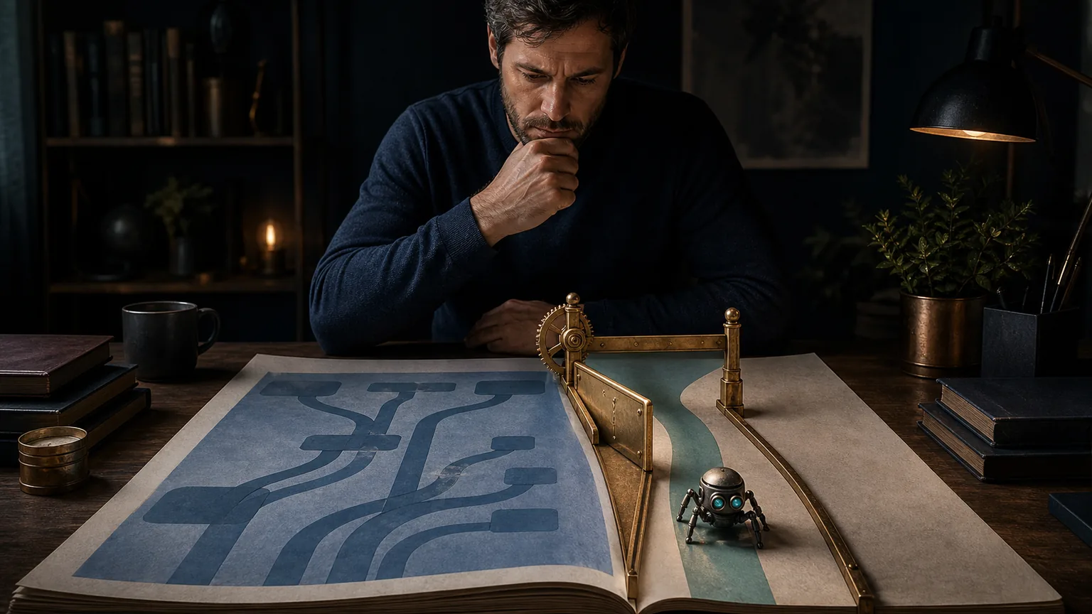 A business owner studies a paper routing diagram as a brass gate sends a small crawler down one narrow path