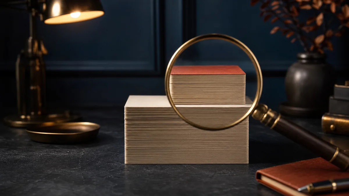 Two stacks of plain index cards on a dark desk, with a brass magnifying glass isolating the smaller crawler-specific stack above the broader stack
