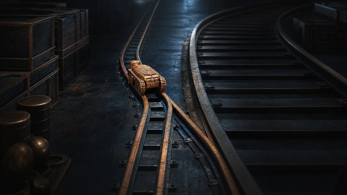 A brass crawler-shaped token diverted onto a narrow rail at a dark warehouse junction while a much wider general rail is bypassed