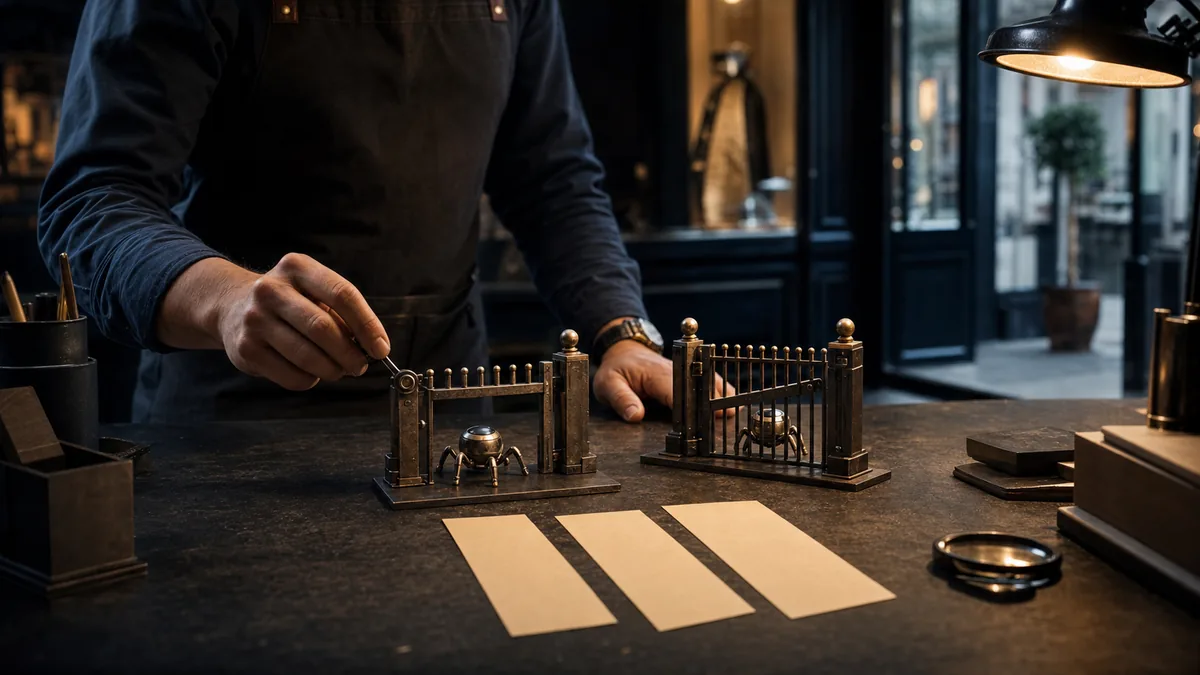 A web manager at a dark workbench testing two miniature brass crawler gates beside three blank rule strips before opening a storefront