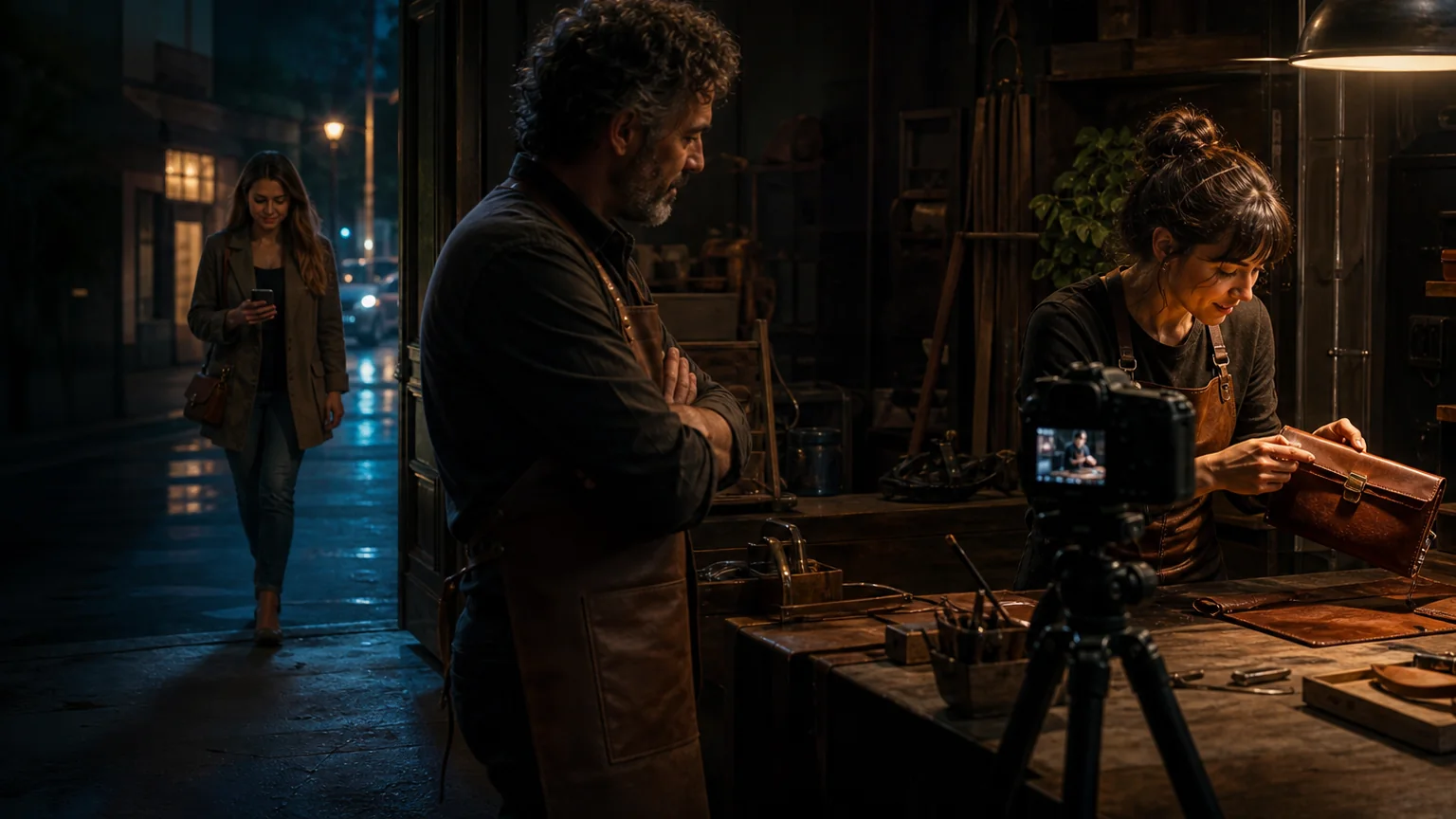 A workshop owner watches a creator film a leatherworking demonstration while a customer approaches holding a phone
