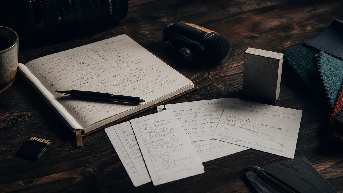 A camera memory card, small microphone, product sample, and handwritten planning notes spread across a dark worktable as a practical video shoot takes shape