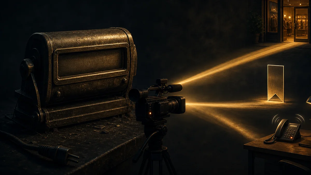A dusty disconnected brass view counter sits beside a video camera casting light toward a storefront, citation marker, and sales phone