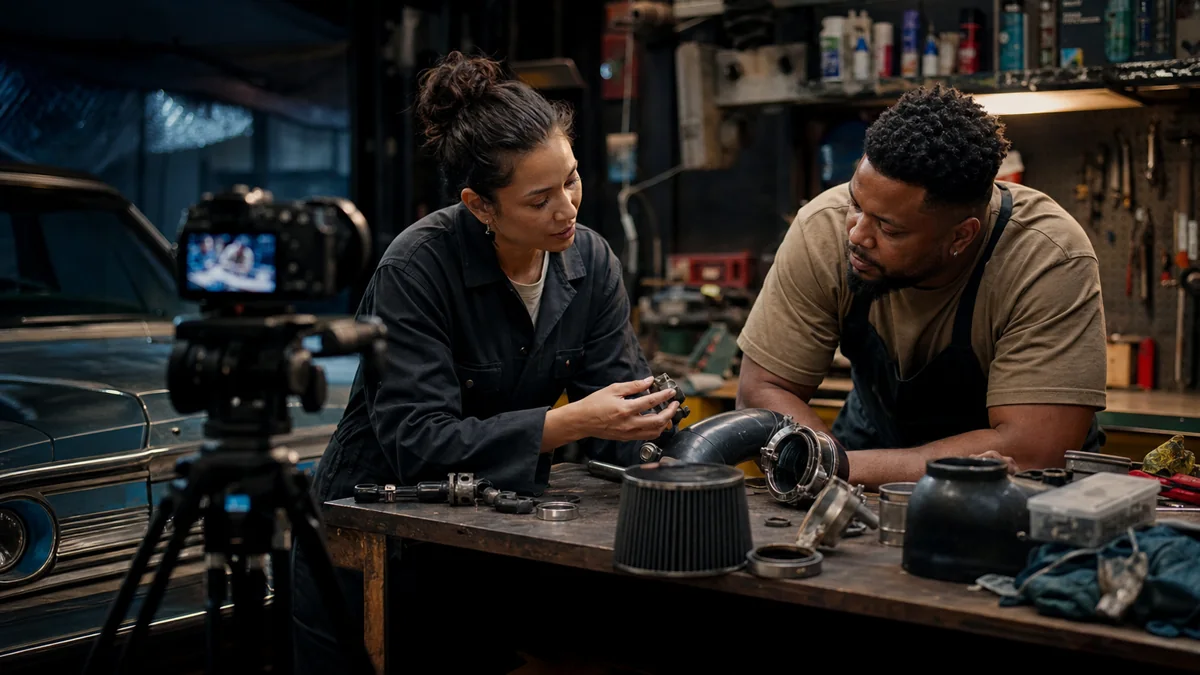 A business owner and niche video creator inspect a mechanical component together at a garage workbench before filming a demonstration