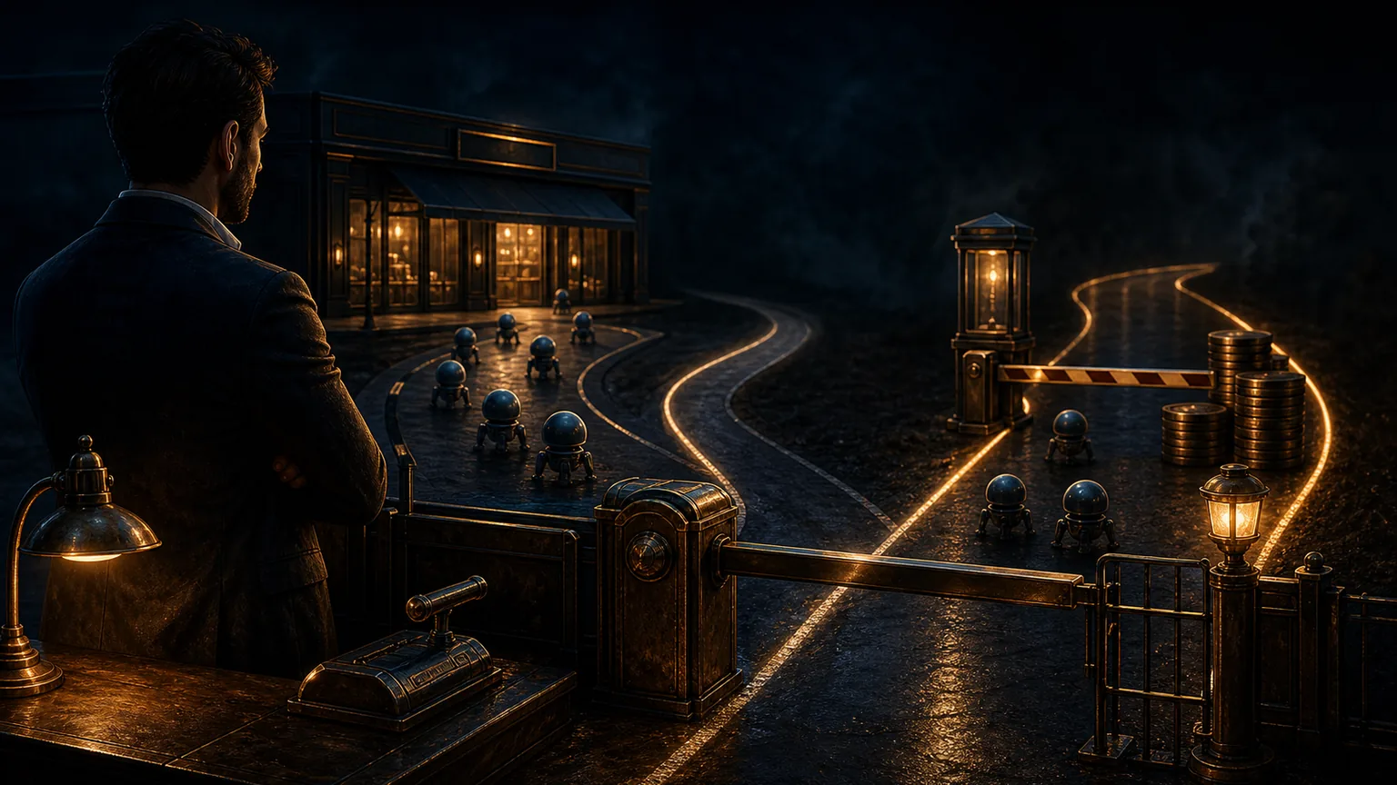 A business owner watches crawler tokens choose between an open lane and a brass toll gate outside a dark storefront