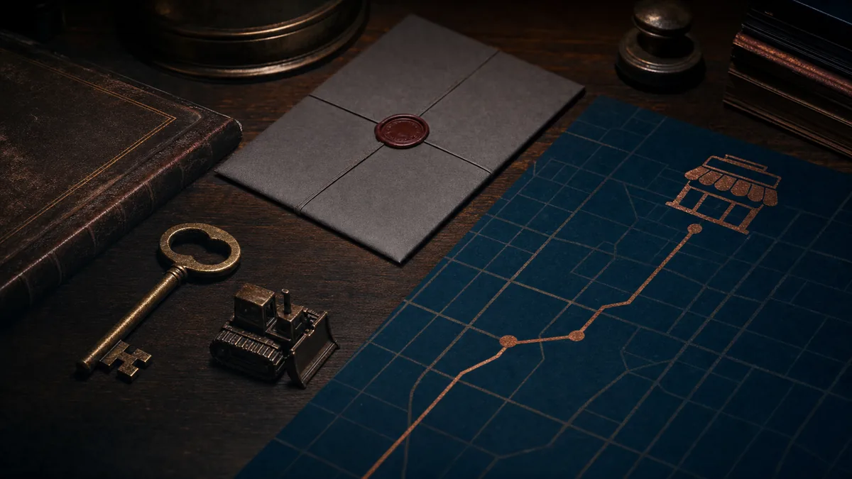 A brass key, a small crawler-shaped token, a sealed invoice envelope, and an unlabeled route map on a dark walnut desk