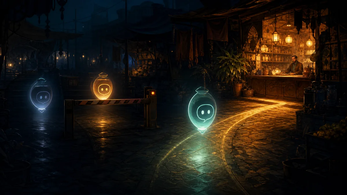 Three abstract AI lanterns approach a dark marketplace where one is stopped by a small pay gate and another reaches a lit counter