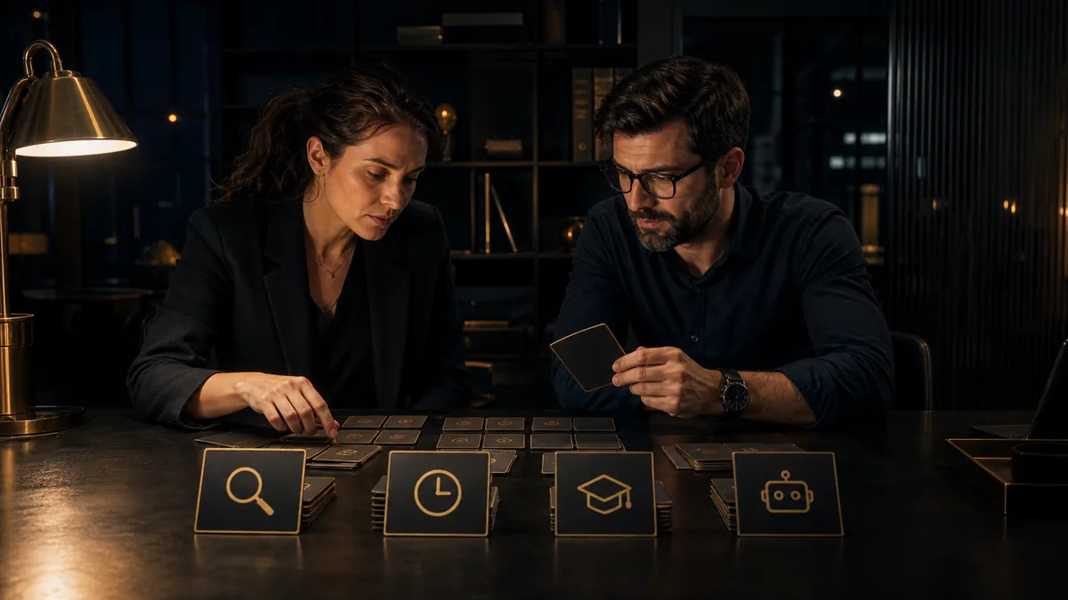 A marketing director and web developer sort crawler access cards at a dark workbench under a warm lamp