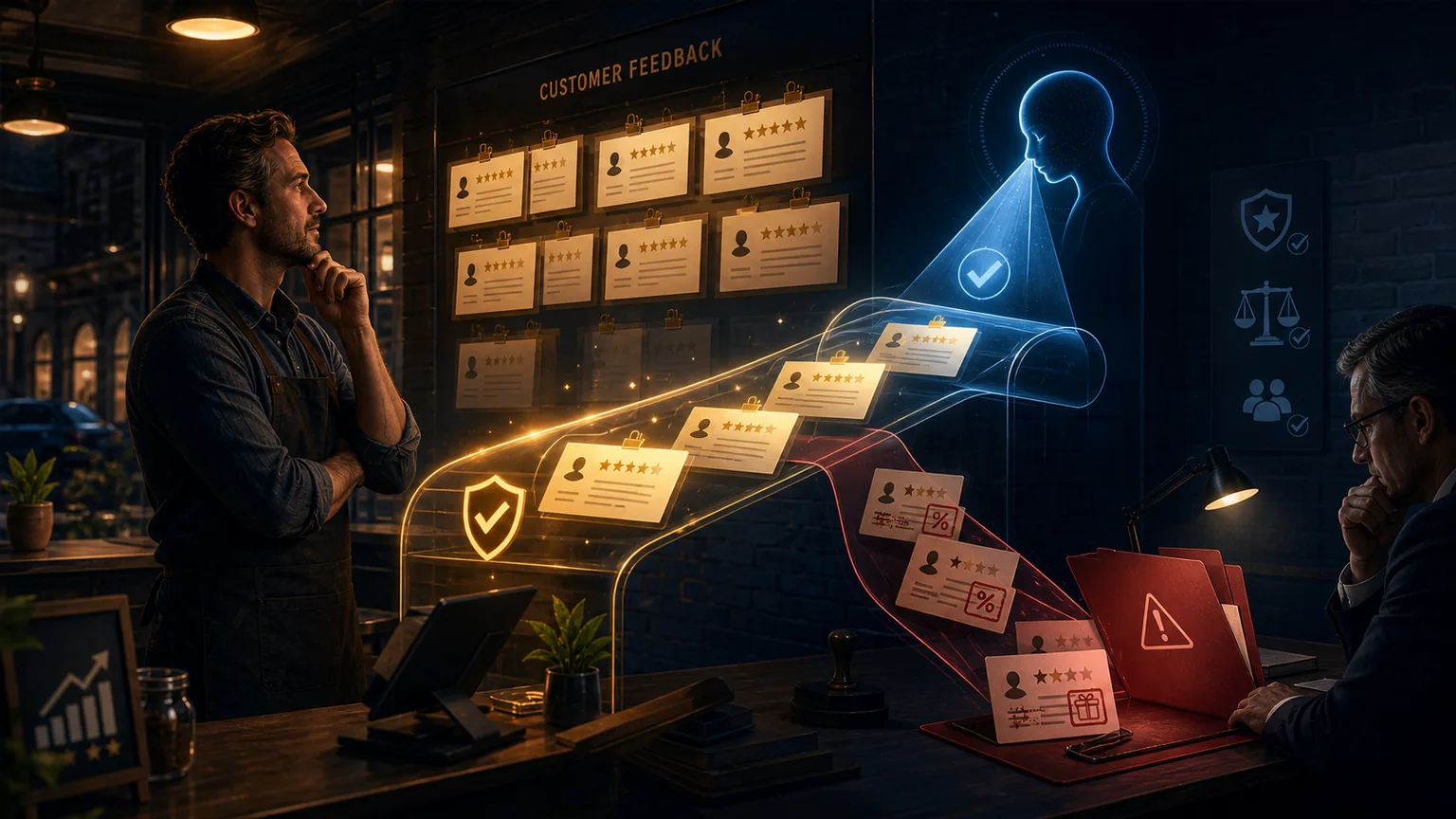 A business owner studies review cards while suspicious coupon-stamped reviews are pulled toward a red warning folder