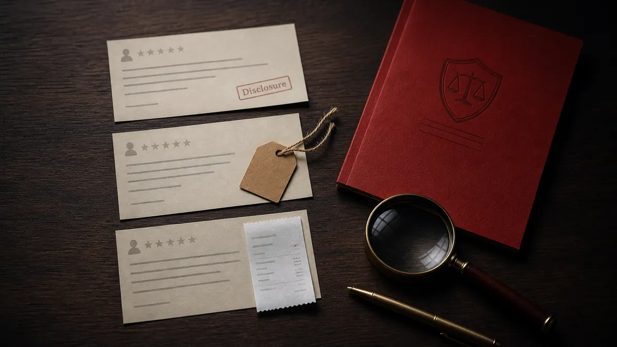 Review cards, a disclosure stamp, a coupon tag, a red policy folder, and a magnifying glass on a dark desk