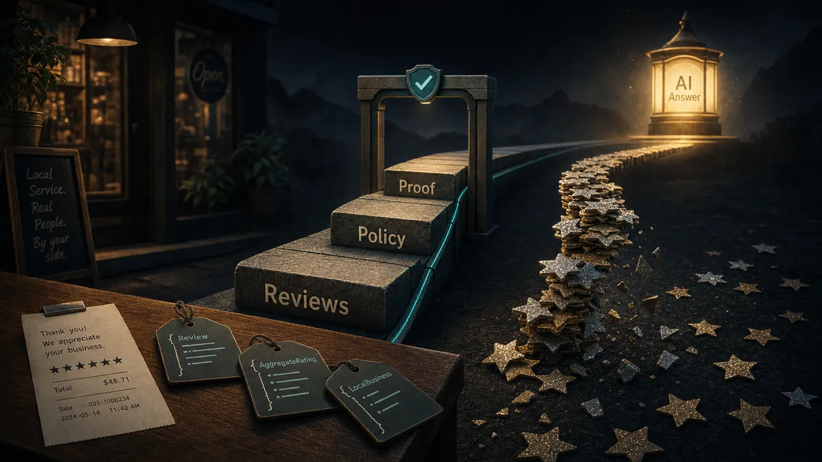 A solid evidence path reaches an AI answer lantern while a collapsing path of star stickers falls short