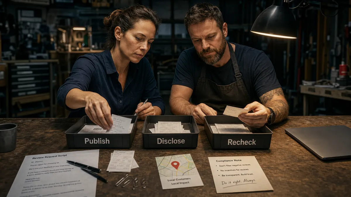A business owner and marketing director sort review evidence into publish, disclose, and recheck trays at a dark workbench