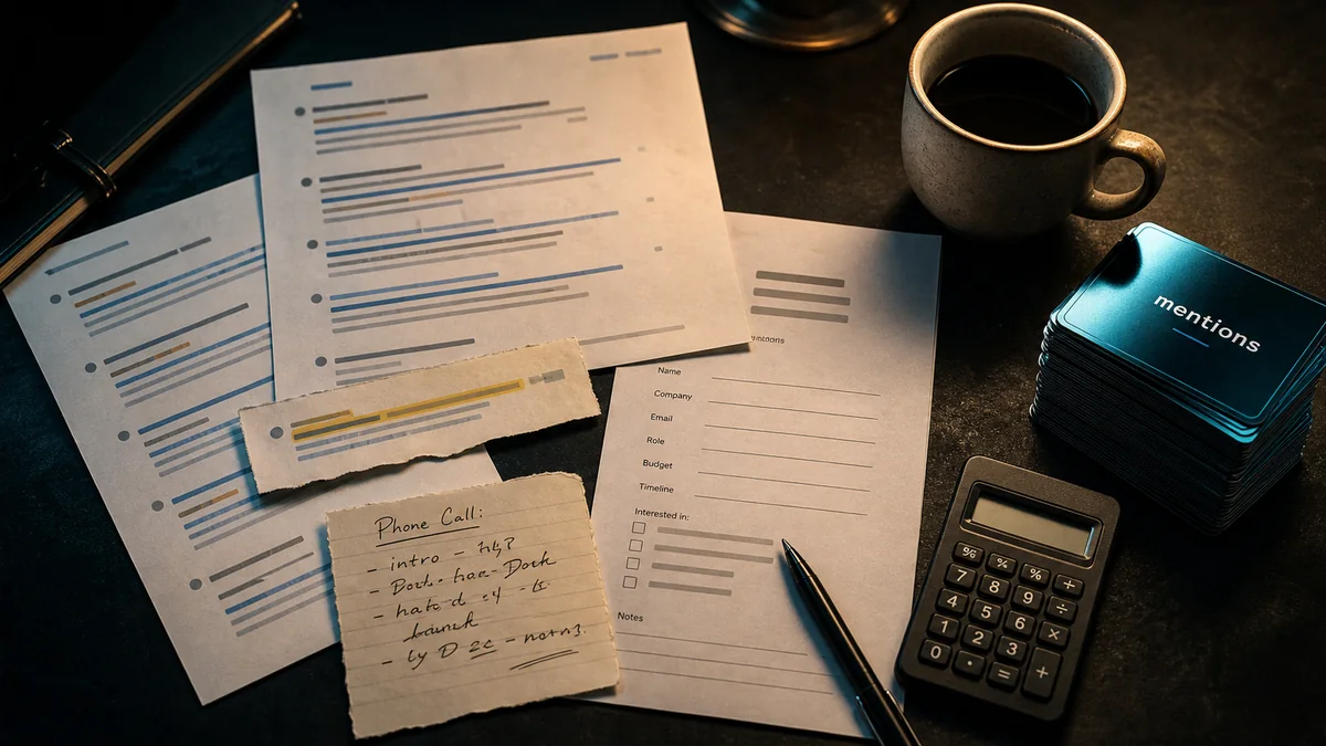 Printed AI answer snippets, a citation clipping, a phone call note, a lead form, and a calculator on a dark desk