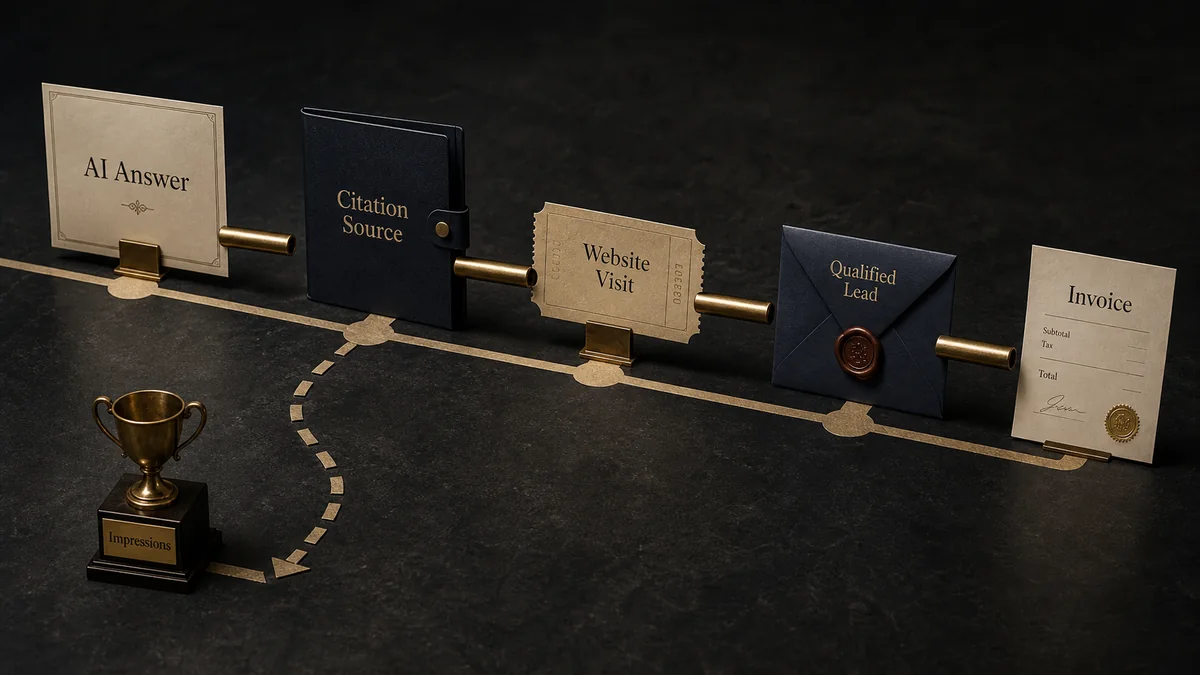 A relay baton passes from an AI answer card to a citation folder, website ticket, lead envelope, and invoice