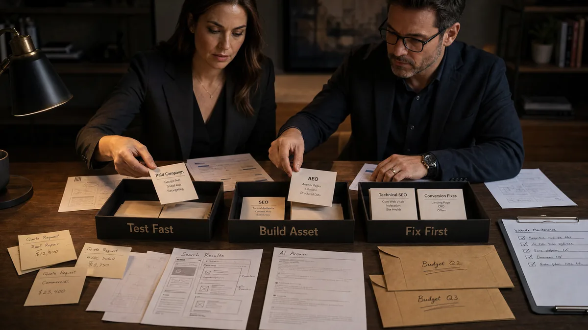 An owner and marketing director sort budget cards and AI answer notes into strategy trays